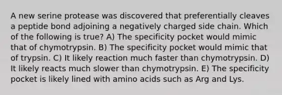 A new serine protease was discovered that preferentially cleaves a peptide bond adjoining a negatively charged side chain. Which of the following is true? A) The specificity pocket would mimic that of chymotrypsin. B) The specificity pocket would mimic that of trypsin. C) It likely reaction much faster than chymotrypsin. D) It likely reacts much slower than chymotrypsin. E) The specificity pocket is likely lined with amino acids such as Arg and Lys.