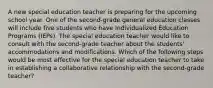 A new special education teacher is preparing for the upcoming school year. One of the second-grade general education classes will include five students who have Individualized Education Programs (IEPs). The special education teacher would like to consult with the second-grade teacher about the students' accommodations and modifications. Which of the following steps would be most effective for the special education teacher to take in establishing a collaborative relationship with the second-grade teacher?