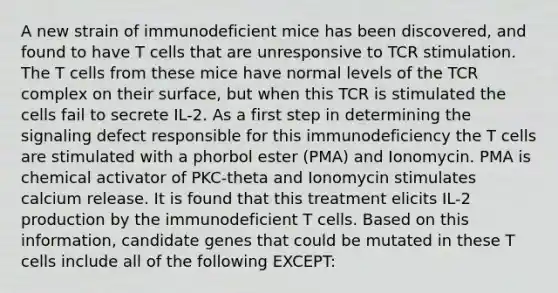 A new strain of immunodeficient mice has been discovered, and found to have T cells that are unresponsive to TCR stimulation. The T cells from these mice have normal levels of the TCR complex on their surface, but when this TCR is stimulated the cells fail to secrete IL-2. As a first step in determining the signaling defect responsible for this immunodeficiency the T cells are stimulated with a phorbol ester (PMA) and Ionomycin. PMA is chemical activator of PKC-theta and Ionomycin stimulates calcium release. It is found that this treatment elicits IL-2 production by the immunodeficient T cells. Based on this information, candidate genes that could be mutated in these T cells include all of the following EXCEPT: