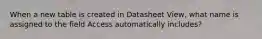 When a new table is created in Datasheet View, what name is assigned to the field Access automatically includes?