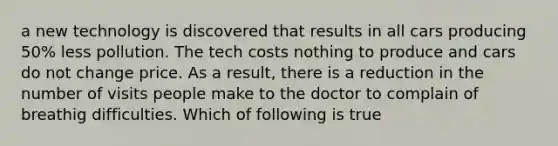 a new technology is discovered that results in all cars producing 50% less pollution. The tech costs nothing to produce and cars do not change price. As a result, there is a reduction in the number of visits people make to the doctor to complain of breathig difficulties. Which of following is true