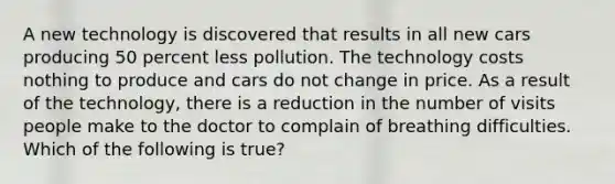 A new technology is discovered that results in all new cars producing 50 percent less pollution. The technology costs nothing to produce and cars do not change in price. As a result of the technology, there is a reduction in the number of visits people make to the doctor to complain of breathing difficulties. Which of the following is true?