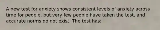 A new test for anxiety shows consistent levels of anxiety across time for people, but very few people have taken the test, and accurate norms do not exist. The test has: