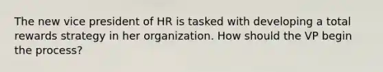 The new vice president of HR is tasked with developing a total rewards strategy in her organization. How should the VP begin the process?