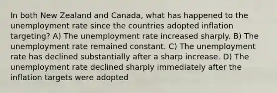 In both New Zealand and Canada, what has happened to the unemployment rate since the countries adopted inflation targeting? A) The unemployment rate increased sharply. B) The unemployment rate remained constant. C) The unemployment rate has declined substantially after a sharp increase. D) The unemployment rate declined sharply immediately after the inflation targets were adopted