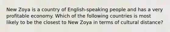 New Zoya is a country of English-speaking people and has a very profitable economy. Which of the following countries is most likely to be the closest to New Zoya in terms of cultural distance?