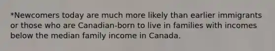 *Newcomers today are much more likely than earlier immigrants or those who are Canadian-born to live in families with incomes below the median family income in Canada.