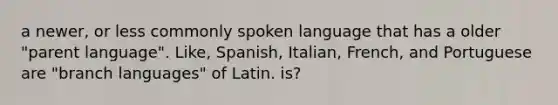 a newer, or less commonly spoken language that has a older "parent language". Like, Spanish, Italian, French, and Portuguese are "branch languages" of Latin. is?