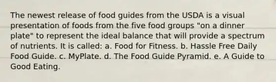 The newest release of food guides from the USDA is a visual presentation of foods from the five food groups "on a dinner plate" to represent the ideal balance that will provide a spectrum of nutrients. It is called: a. Food for Fitness. b. Hassle Free Daily Food Guide. c. MyPlate. d. The Food Guide Pyramid. e. A Guide to Good Eating.