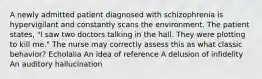 A newly admitted patient diagnosed with schizophrenia is hypervigilant and constantly scans the environment. The patient states, "I saw two doctors talking in the hall. They were plotting to kill me." The nurse may correctly assess this as what classic behavior? Echolalia An idea of reference A delusion of infidelity An auditory hallucination