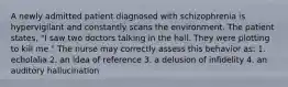 A newly admitted patient diagnosed with schizophrenia is hypervigilant and constantly scans the environment. The patient states, "I saw two doctors talking in the hall. They were plotting to kill me." The nurse may correctly assess this behavior as: 1. echolalia 2. an idea of reference 3. a delusion of infidelity 4. an auditory hallucination