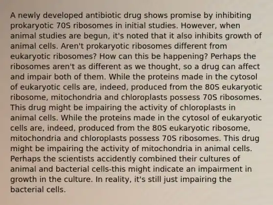 A newly developed antibiotic drug shows promise by inhibiting prokaryotic 70S ribosomes in initial studies. However, when animal studies are begun, it's noted that it also inhibits growth of animal cells. Aren't prokaryotic ribosomes different from eukaryotic ribosomes? How can this be happening? Perhaps the ribosomes aren't as different as we thought, so a drug can affect and impair both of them. While the proteins made in the cytosol of eukaryotic cells are, indeed, produced from the 80S eukaryotic ribosome, mitochondria and chloroplasts possess 70S ribosomes. This drug might be impairing the activity of chloroplasts in animal cells. While the proteins made in the cytosol of eukaryotic cells are, indeed, produced from the 80S eukaryotic ribosome, mitochondria and chloroplasts possess 70S ribosomes. This drug might be impairing the activity of mitochondria in animal cells. Perhaps the scientists accidently combined their cultures of animal and bacterial cells-this might indicate an impairment in growth in the culture. In reality, it's still just impairing the bacterial cells.