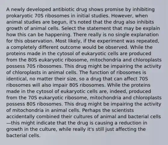 A newly developed antibiotic drug shows promise by inhibiting prokaryotic 70S ribosomes in initial studies. However, when animal studies are begun, it's noted that the drug also inhibits growth of animal cells. Select the statement that may be explain how this can be happening. There really is no single explanation for this observation. Most likely, if the experiment was repeated, a completely different outcome would be observed. While the proteins made in the cytosol of <a href='https://www.questionai.com/knowledge/kb526cpm6R-eukaryotic-cells' class='anchor-knowledge'>eukaryotic cells</a> are produced from the 80S eukaryotic ribosome, mitochondria and chloroplasts possess 70S ribosomes. This drug might be impairing the activity of chloroplasts in animal cells. The function of ribosomes is identical, no matter their size, so a drug that can affect 70S ribosomes will also impair 80S ribosomes. While the proteins made in the cytosol of eukaryotic cells are, indeed, produced from the 70S eukaryotic ribosome, mitochondria and chloroplasts possess 80S ribosomes. This drug might be impairing the activity of mitochondria in animal cells. Perhaps the scientists accidentally combined their cultures of animal and bacterial cells—this might indicate that the drug is causing a reduction in growth in the culture, while really it's still just affecting the bacterial cells.