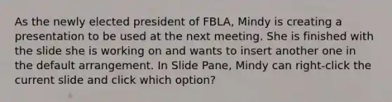 As the newly elected president of FBLA, Mindy is creating a presentation to be used at the next meeting. She is finished with the slide she is working on and wants to insert another one in the default arrangement. In Slide Pane, Mindy can right-click the current slide and click which option?