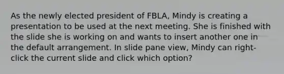 As the newly elected president of FBLA, Mindy is creating a presentation to be used at the next meeting. She is finished with the slide she is working on and wants to insert another one in the default arrangement. In slide pane view, Mindy can right-click the current slide and click which option?