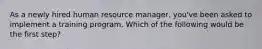 As a newly hired human resource​ manager, you've been asked to implement a training program. Which of the following would be the first​ step?