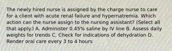 The newly hired nurse is assigned by the charge nurse to care for a client with acute renal failure and hypernatremia. Which action can the nurse assign to the nursing assistant? (Select all that apply.) A. Administer 0.45% saline by IV line B. Assess daily weights for trends C. Check for indications of dehydration D. Render oral care every 3 to 4 hours