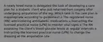 A newly hired nurse is delegated the task of developing a care plan for a diabetic client who just returned from surgery after undergoing amputation of the leg. Which task in the care plan is inappropriate according to guidelines? o The registered nurse (RN) administering antidiabetic medications o Instructing the licensed practical nurse (LPN) to monitor vital signs o The RN assessing the client's blood glucose levels at regular intervals o Instructing the licensed practical nurse (LPN) to change the dressing at the amputation site