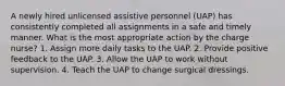 A newly hired unlicensed assistive personnel (UAP) has consistently completed all assignments in a safe and timely manner. What is the most appropriate action by the charge nurse? 1. Assign more daily tasks to the UAP. 2. Provide positive feedback to the UAP. 3. Allow the UAP to work without supervision. 4. Teach the UAP to change surgical dressings.