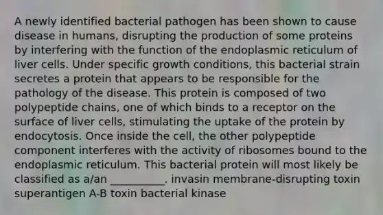 A newly identified bacterial pathogen has been shown to cause disease in humans, disrupting the production of some proteins by interfering with the function of the endoplasmic reticulum of liver cells. Under specific growth conditions, this bacterial strain secretes a protein that appears to be responsible for the pathology of the disease. This protein is composed of two polypeptide chains, one of which binds to a receptor on the surface of liver cells, stimulating the uptake of the protein by endocytosis. Once inside the cell, the other polypeptide component interferes with the activity of ribosomes bound to the endoplasmic reticulum. This bacterial protein will most likely be classified as a/an __________. invasin membrane-disrupting toxin superantigen A-B toxin bacterial kinase