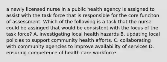 a newly licensed nurse in a public health agency is assigned to assist with the task force that is responsible for the core funciton of assessment. Which of the following is a task that the nurse could be assinged that would be consistent with the focus of the task force? A. investigating local health hazards B. updating local policies to support community health efforts. C. collaborating with community agencies to improve availability of services D. ensuring competence of health care workforce