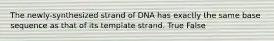 The newly-synthesized strand of DNA has exactly the same base sequence as that of its template strand. True False