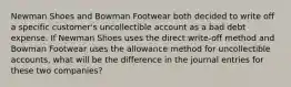 Newman Shoes and Bowman Footwear both decided to write off a specific customer's uncollectible account as a bad debt expense. If Newman Shoes uses the direct write-off method and Bowman Footwear uses the allowance method for uncollectible accounts, what will be the difference in the journal entries for these two companies?