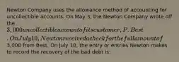 Newton Company uses the allowance method of accounting for uncollectible accounts. On May 3, the Newton Company wrote off the 3,000 uncollectible account of its customer, P. Best. On July 10, Newton received a check for the full amount of3,000 from Best. On July 10, the entry or entries Newton makes to record the recovery of the bad debt is: