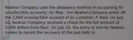 Newton Company uses the allowance method of accounting for uncollectible accounts. On May , the Newton Company wrote off the 3,000 uncollectible account of its customer, P. Best. On July 10, Newton Company received a check for the full amount of 3,000 dollars from Best. On july 10, the entry or entries Newton makes to record the recovery of the bad debt is: