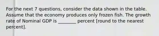 For the next 7 questions, consider the data shown in the table. Assume that the economy produces only frozen fish. The growth rate of Nominal GDP is ________ percent [round to the nearest percent].