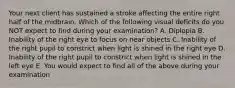 Your next client has sustained a stroke affecting the entire right half of the midbrain. Which of the following visual deficits do you NOT expect to find during your examination? A. Diplopia B. Inability of the right eye to focus on near objects C. Inability of the right pupil to constrict when light is shined in the right eye D. Inability of the right pupil to constrict when light is shined in the left eye E. You would expect to find all of the above during your examination