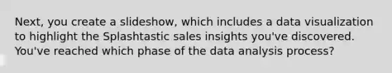 Next, you create a slideshow, which includes a data visualization to highlight the Splashtastic sales insights you've discovered. You've reached which phase of the data analysis process?