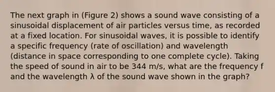 The next graph in (Figure 2) shows a sound wave consisting of a sinusoidal displacement of air particles versus time, as recorded at a fixed location. For sinusoidal waves, it is possible to identify a specific frequency (rate of oscillation) and wavelength (distance in space corresponding to one complete cycle). Taking the speed of sound in air to be 344 m/s, what are the frequency f and the wavelength λ of the sound wave shown in the graph?