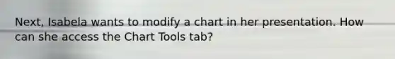 Next, Isabela wants to modify a chart in her presentation. How can she access the Chart Tools tab?