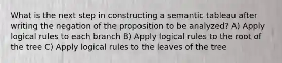 What is the next step in constructing a semantic tableau after writing the negation of the proposition to be analyzed? A) Apply logical rules to each branch B) Apply logical rules to the root of the tree C) Apply logical rules to the leaves of the tree