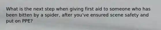 What is the next step when giving first aid to someone who has been bitten by a spider, after you've ensured scene safety and put on PPE?