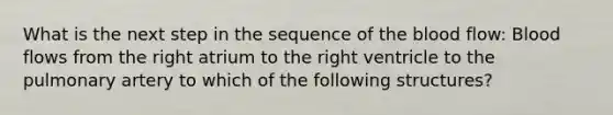 What is the next step in the sequence of the blood flow: Blood flows from the right atrium to the right ventricle to the pulmonary artery to which of the following structures?