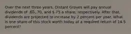 Over the next three years, Distant Groves will pay annual dividends of .65,.70, and .75 a share, respectively. After that, dividends are projected to increase by 2 percent per year. What is one share of this stock worth today at a required return of 14.5 percent?