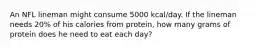 An NFL lineman might consume 5000 kcal/day. If the lineman needs 20% of his calories from protein, how many grams of protein does he need to eat each day?