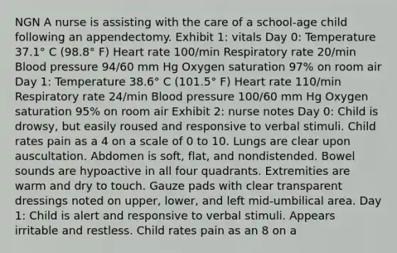 NGN A nurse is assisting with the care of a school-age child following an appendectomy. Exhibit 1: vitals Day 0: Temperature 37.1° C (98.8° F) Heart rate 100/min Respiratory rate 20/min Blood pressure 94/60 mm Hg Oxygen saturation 97% on room air Day 1: Temperature 38.6° C (101.5° F) Heart rate 110/min Respiratory rate 24/min Blood pressure 100/60 mm Hg Oxygen saturation 95% on room air Exhibit 2: nurse notes Day 0: Child is drowsy, but easily roused and responsive to verbal stimuli. Child rates pain as a 4 on a scale of 0 to 10. Lungs are clear upon auscultation. Abdomen is soft, flat, and nondistended. Bowel sounds are hypoactive in all four quadrants. Extremities are warm and dry to touch. Gauze pads with clear transparent dressings noted on upper, lower, and left mid-umbilical area. Day 1: Child is alert and responsive to verbal stimuli. Appears irritable and restless. Child rates pain as an 8 on a