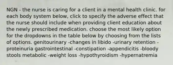 NGN - the nurse is caring for a client in a mental health clinic. for each body system below, click to specify the adverse effect that the nurse should include when providing client education about the newly prescribed medication. choose the most likely option for the dropdowns in the table below by choosing from the lists of options. genitourinary -changes in libido -urinary retention -proteinuria gastrointestinal -constipation -appendicitis -bloody stools metabolic -weight loss -hypothyroidism -hypernatremia