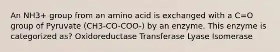 An NH3+ group from an amino acid is exchanged with a C=O group of Pyruvate (CH3-CO-COO-) by an enzyme. This enzyme is categorized as? Oxidoreductase Transferase Lyase Isomerase