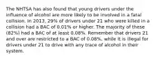 The NHTSA has also found that young drivers under the influence of alcohol are more likely to be involved in a fatal collision. In 2013, 29% of drivers under 21 who were killed in a collision had a BAC of 0.01% or higher. The majority of these (82%) had a BAC of at least 0.08%. Remember that drivers 21 and over are restricted to a BAC of 0.08%, while it is illegal for drivers under 21 to drive with any trace of alcohol in their system.