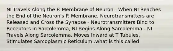 NI Travels Along the P. Membrane of Neuron - When NI Reaches the End of the Neuron's P. Membrane, Neurotransmitters are Released and Cross the Synapse - Neurotransmitters Bind to Receptors in Sarcolemma, NI Begins Along Sarcolemma - NI Travels Along Sarcolemma, Moves Inward at T Tubules, Stimulates Sarcoplasmic Reticulum..what is this called