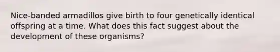 Nice-banded armadillos give birth to four genetically identical offspring at a time. What does this fact suggest about the development of these organisms?