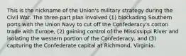 This is the nickname of the Union's military strategy during the Civil War. The three-part plan involved (1) blockading Southern ports with the Union Navy to cut off the Confederacy's cotton trade with Europe, (2) gaining control of the Mississippi River and isolating the western portion of the Confederacy, and (3) capturing the Confederate capital at Richmond, Virginia.