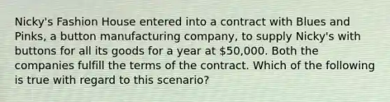 Nicky's Fashion House entered into a contract with Blues and Pinks, a button manufacturing company, to supply Nicky's with buttons for all its goods for a year at 50,000. Both the companies fulfill the terms of the contract. Which of the following is true with regard to this scenario?