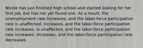 Nicole has just finished high school and started looking for her first job, but has not yet found one. As a result, the unemployment rate increases, and the labor-force participation rate is unaffected. increases, and the labor-force participation rate increases. is unaffected, and the labor-force participation rate increases. increases, and the labor-force participation rate decreases.