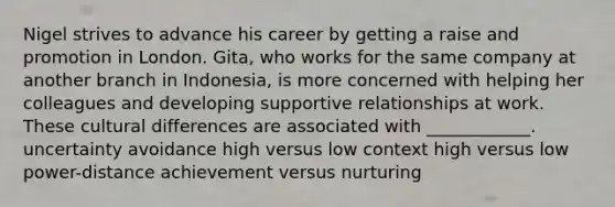 Nigel strives to advance his career by getting a raise and promotion in London. Gita, who works for the same company at another branch in Indonesia, is more concerned with helping her colleagues and developing supportive relationships at work. These cultural differences are associated with ____________. uncertainty avoidance high versus low context high versus low power-distance achievement versus nurturing