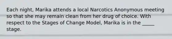 Each night, Marika attends a local Narcotics Anonymous meeting so that she may remain clean from her drug of choice. With respect to the Stages of Change Model, Marika is in the _____ stage.